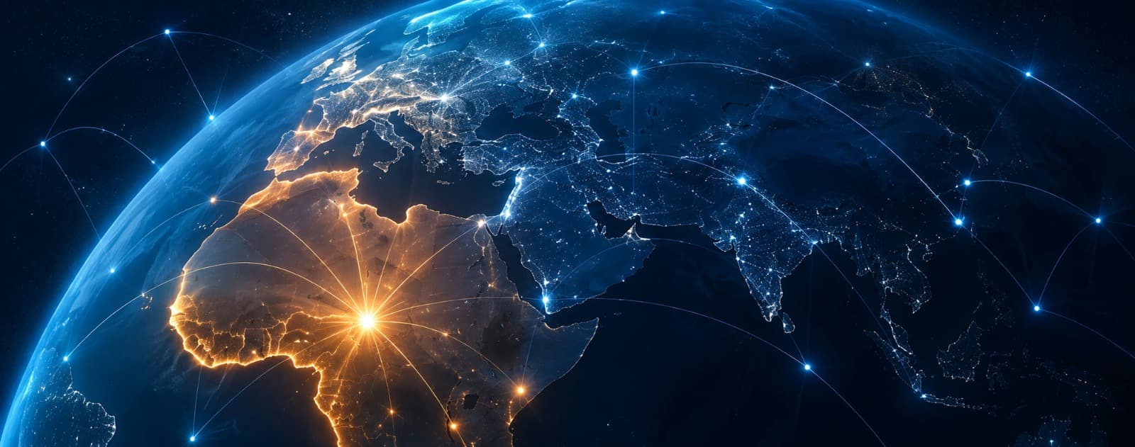 Globe terrestre relié par un réseau lumineux centré sur l'Afrique